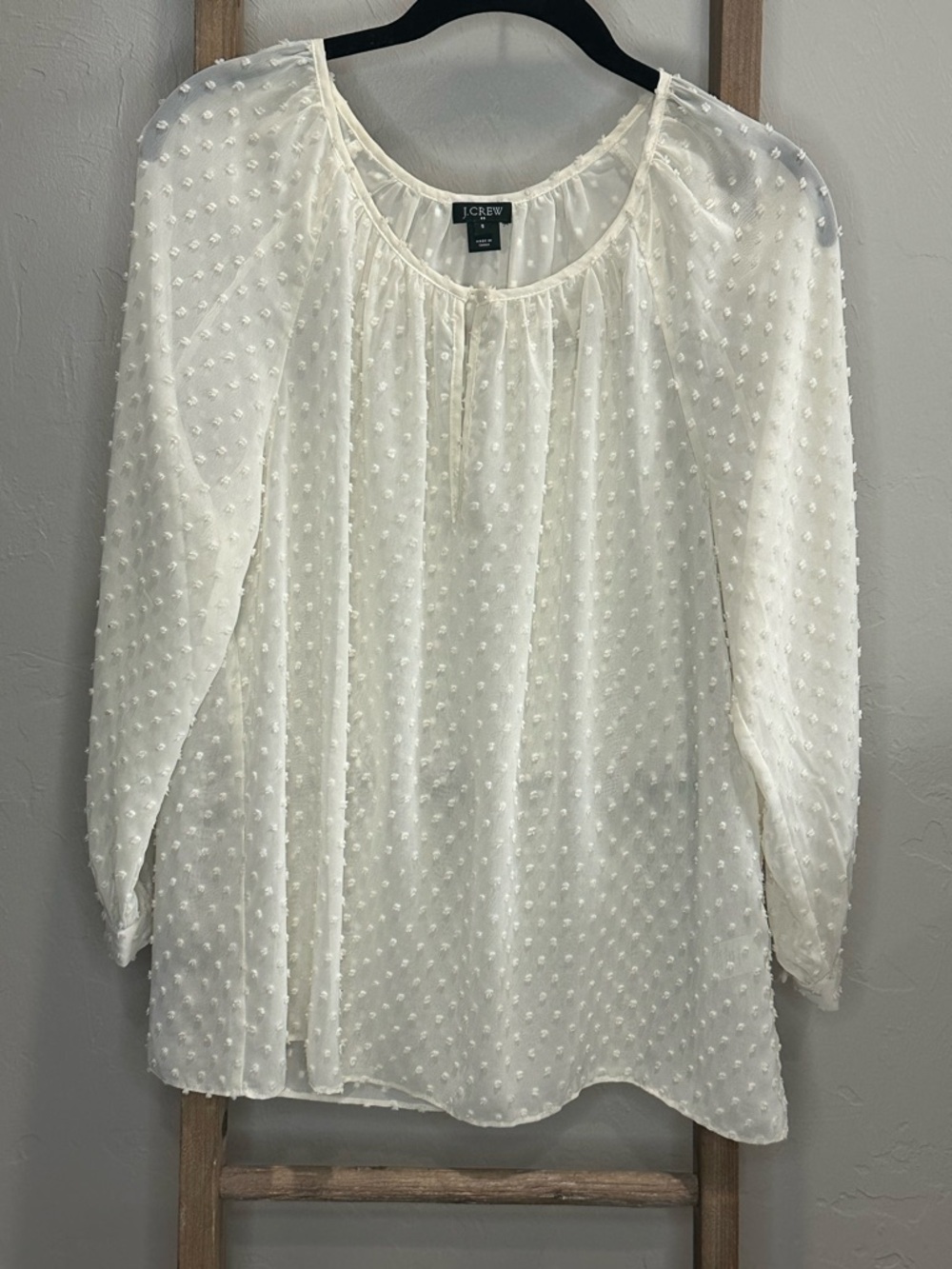 J Crew Factory Cream Ivory Swiss Dot Sheer Peasant Blouse Top